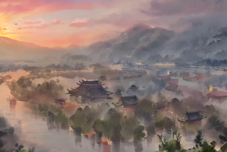 best quality, masterpiece, highres, shuimobysim, wuchangshuo, bonian, zhenbanqiao, badashanren, mountainous horizon, river, forest, village, sunset,
, <lora:Moxin_Shukezouma10:0.8>