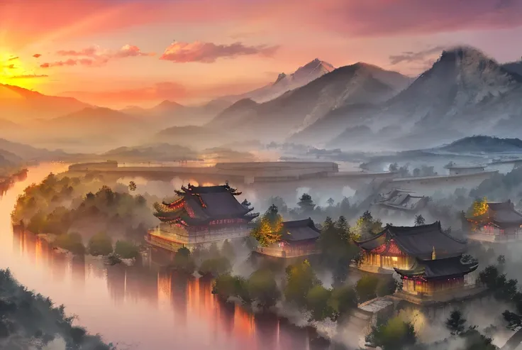 best quality, masterpiece, highres, shuimobysim, wuchangshuo, bonian, zhenbanqiao, badashanren, mountainous horizon, river, forest, village, sunset,
, <lora:Moxin_Shukezouma10:0.8>