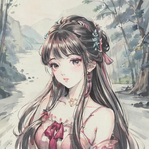 <lora:Moxin_Shukezouma10:0.73> <lora:Moxin_10:0.7>masterpiece, best quality, official art, 8k wallpaper, highly detailed, illustration, 1 girl, pink hair, long hair, detailed eyes, forrest, bare shoulders, lakes, pure, soft smile,