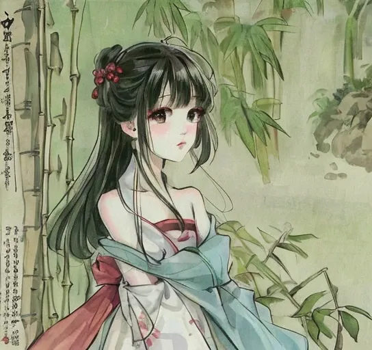 shuimobysim, girl, woman,bare shoulders, (ecchi0.5), (trees:0.5), (flowers:0.6) ,(birds:0.2), (bamboo0.1), lakes, Hangzhou, wuchangshuo, wuchangshuo in background <lora:Moxin_10:0.85>