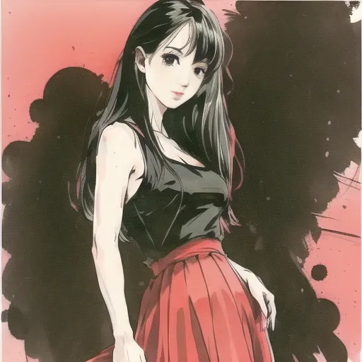 a woman, black hair, 1980s \(style\), red sleeveless dress, long hair, simple background,