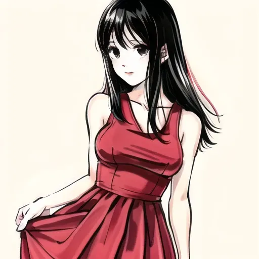 a girl, black hair, 1980s \(style\), red sleeveless dress, long hair,