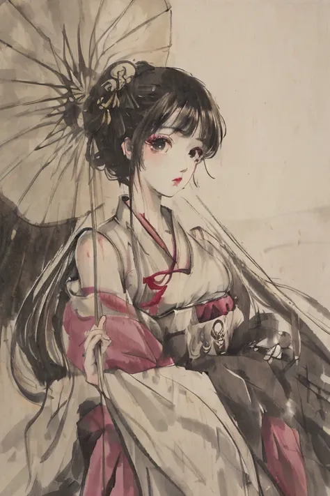 shukezouma,1girl,solo,shuimobysim,bunches,zhenbanqiao,badashanren,best quality, masterpiece, highres, detailed eyes,china dress,holding umbrella,Beautiful face,medium_breasts,bare shoulders,lips,Hangzhou,bonian, bonian in background,bamboo, bamboo forest,