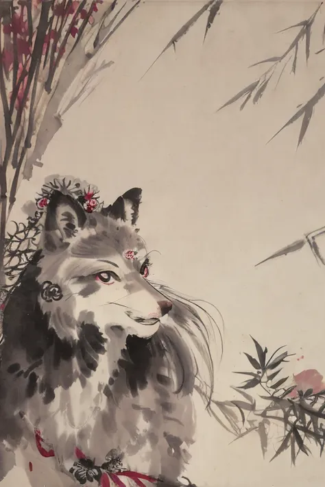 shukezouma,wolf,shuimobysim,bunches,zhenbanqiao,badashanren,best quality, masterpiece, highres, detailed eyes,Hangzhou,bonian, bonian in background,bamboo,flowers