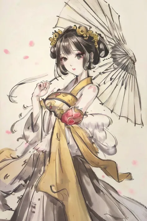 1girl,solo,cat,yellow cat,shukezouma,shuimobysim,bunches,zhenbanqiao,badashanren,detailed eyes,china dress,hair ornament,holding umbrella,Beautiful face,medium_breasts,bare shoulders,lips,best quality, masterpiece, highres,birds, detailed eyes,Hangzhou,bonian, bonian in background,flowers