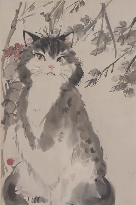 shukezouma,cat,shuimobysim,bunches,zhenbanqiao,badashanren,best quality, masterpiece, highres, detailed eyes,Hangzhou,bonian, bonian in background,bamboo,flowers