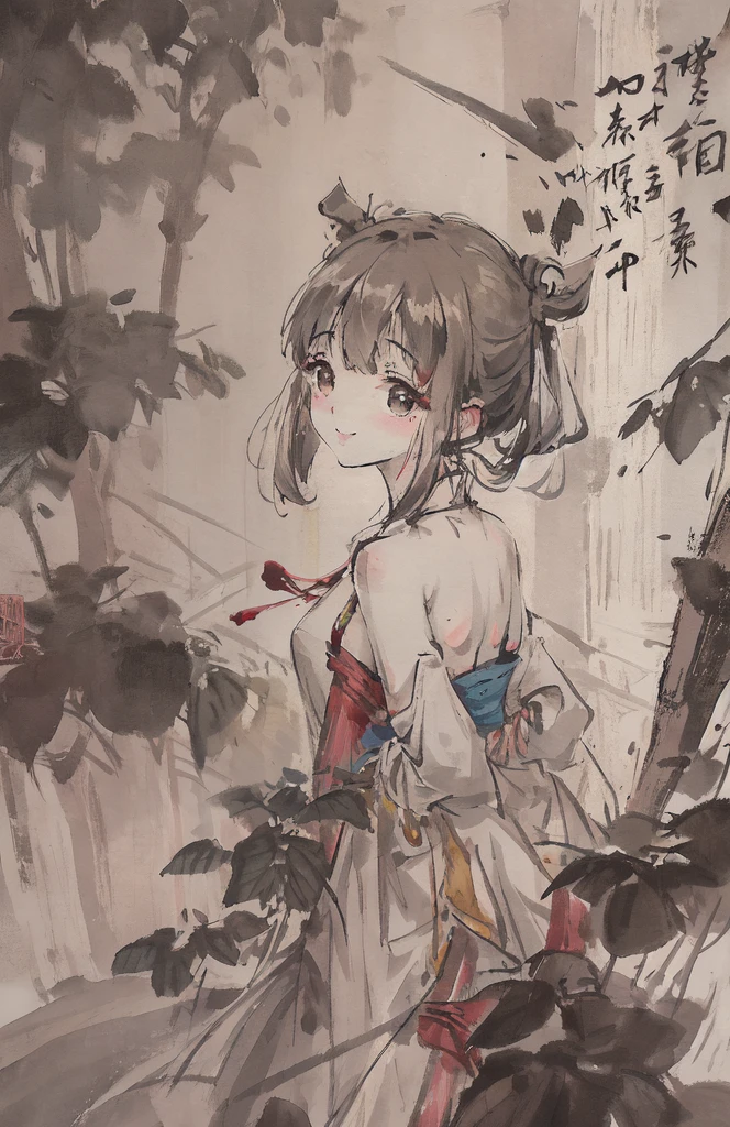(masterpiece),best quality,good anatomy, shuimobysim,arms behind back,(1 girl:1), (upper body),(smile),short hair,(hanfu),(ecchi0.5), (trees:0.5), (flowers:0.6) ,(wooden house:0.2),(bamboo forest:0.2),(creek:0.2),(river:0.2), <lora:Moxin_10:0.8>, <lora:Moxin_Shukezouma11:0.7> <lora:elegantHanfuRuqun_v10:0.6>
