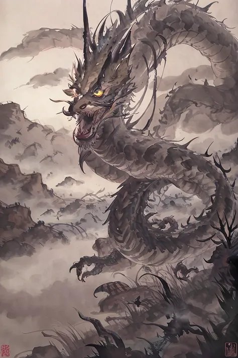 shukezouma,shuimobysim,negative space,masterpiece, chinese dragon, long dragon, solo,Loong,fangs,fantasy, mythical,art by( greg rutkowski:0.8), epic lighting, (photo realism:1.2), high quality, highly detailed, masterpiece, epic, path tracing, global illumination, cinematic lighting, volumetric, myst, fog, atmospheric, landscape <lora:moxin_1010:0.7> <lora:Moxin_Shukezouma11:0.7>