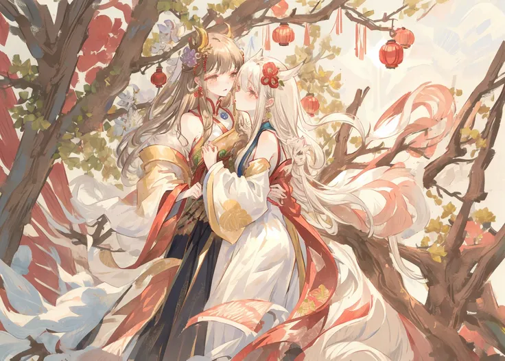 (masterpiece:1.2),shuimobysim, 2girls, yuri, intimacy, branch, flower, jewelry, dress, earrings, tree, bangs, hair ornament, chinese clothes, white hair, hair flower, bare shoulders, very long hair, wide sleeves, long sleeves, <lora:Moxin_10:0.5>,