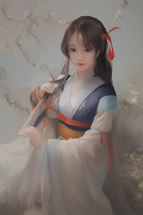shukezouma, negative space,shuimobysim ,portrait of a woman standing , willow branches, (masterpiece, best quality:1.2), traditional chinese ink painting, modelshoot style, peaceful, (smile), looking at viewer, wearing long hanfu, hanfu, song, willow tree in background, wuchangshuo,