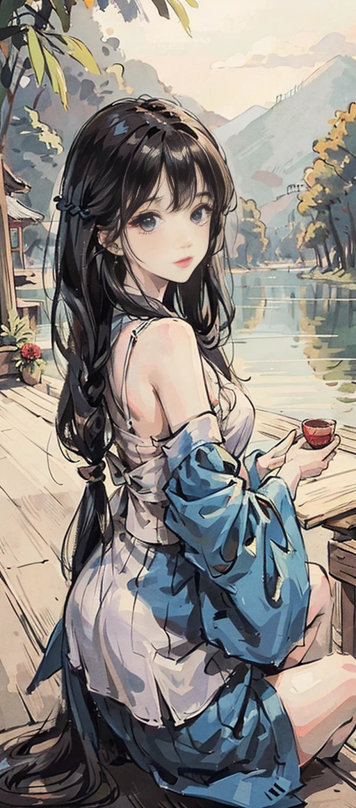 <lora:Moxin_10:0.4> <lora:Moxin_Shukezouma11:0.4> <lora:koreanDollLikeness_v10:0.3>,masterpiece, best quality, official art, 8k wallpaper, highly detailed, illustration, 1 girl, Azure hair, long hair, detailed eyes, forrest, bare shoulders, hanfu,lakes, pure, soft smile,bamboo,Tea