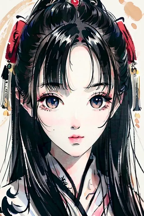 <(masterpiece, realistic:1.3), (extremely intricate:1.2)>, portrait of a girl, (face:1.2),detailed eyes, long black hair,traditional chinese ink painting,<lora:liuyifei_10:0.45> <lora:Moxin_10:0.75>