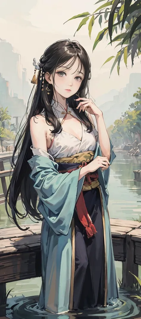 <lora:Moxin_10:0.2> <lora:Moxin_Shukezouma11:0.3> <lora:koreanDollLikeness_v10:0.1>,masterpiece, best quality, official art, 8k wallpaper, highly detailed, illustration, 1 girl, Azure hair, long hair, detailed eyes, forrest, bare shoulders, hanfu,lakes, pure, soft smile,bamboo,