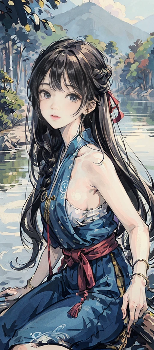 <lora:Moxin_10:0.4> <lora:Moxin_Shukezouma11:0.4> <lora:koreanDollLikeness_v10:0.3>,masterpiece, best quality, official art, 8k wallpaper, highly detailed, illustration, 1 girl, Azure hair, long hair, detailed eyes, forrest, bare shoulders, hanfu,lakes, pure, soft smile,bamboo,Tea