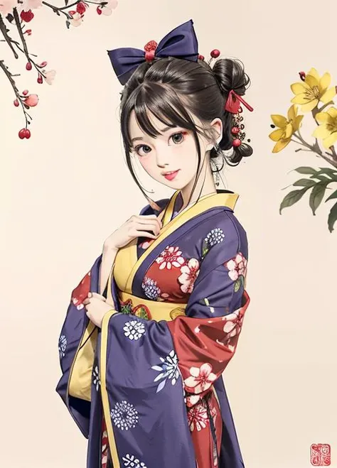shukezouma,shuimobysim,High best quality, half body,1 yong girl blue eyes(2),smiling to the viewer, standing under a cherry blossom tree, wearing a red kimono, blue bow ornaments on her head, yellow bells on her hands<lora:Moxin_Shukezouma11:0.5>, <lora:Moxin_10:0.5>,
