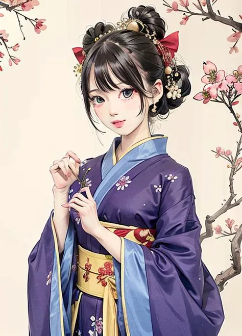 shukezouma,shuimobysim,High best quality, half body,1 yong girl blue eyes(2),smiling to the viewer, standing under a cherry blossom tree, wearing a red kimono, blue bow ornaments on her head, yellow bells on her hands<lora:Moxin_Shukezouma11:0.5>, <lora:Moxin_10:0.5>,