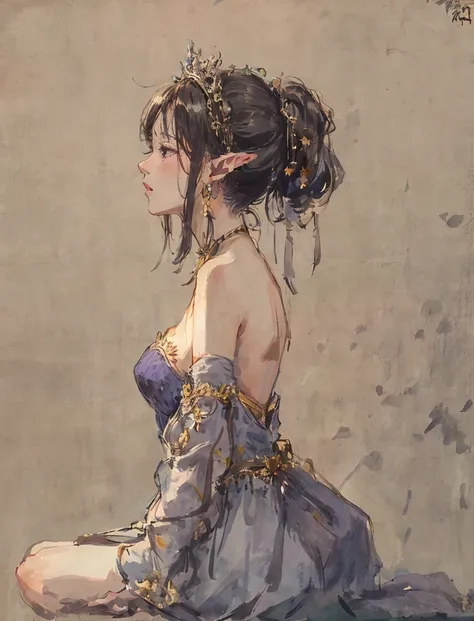 <(masterpiece, realistic:1.3), (extremely intricate:1.2)>, portrait of a girl, face, close up, pointy ears, dress, half-closed eyes, jewelry, sitting, strapless, strapless dress, breasts, watermark, bare shoulders, tiara, grey dress, cleavage, long hair, braid, grey hair, long eyelashes, solo, profile, solo, elf, <lora:Moxin_10:0.3>, <lora:Moxin_Shukezouma11:0.8>