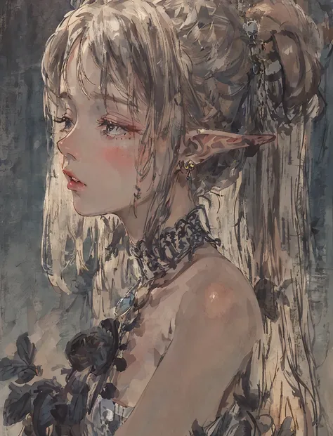 <(masterpiece, realistic:1.3), (extremely intricate:1.2)>, portrait of a girl, face, close up, pointy ears, dress, half-closed eyes, jewelry, sitting, strapless, strapless dress, breasts, watermark, bare shoulders, tiara, grey dress, cleavage, long hair, braid, grey hair, long eyelashes, solo, profile, solo, elf,<lora:Moxin_10:0.3>, <lora:Moxin_Shukezouma11:0.8>