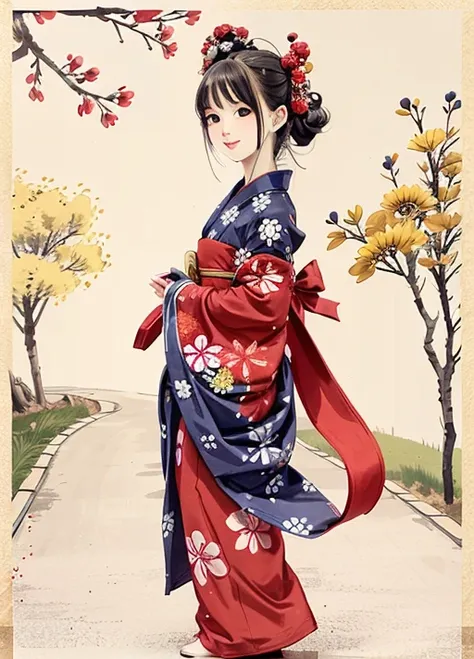 shukezouma,shuimobysim,High best quality, half body,1 yong girl blue eyes(2),smiling to the viewer, standing under a cherry blossom tree, wearing a red kimono, blue bow ornaments on her head, yellow bells on her hands<lora:Moxin_Shukezouma11:0.5>, <lora:Moxin_10:0.5>,