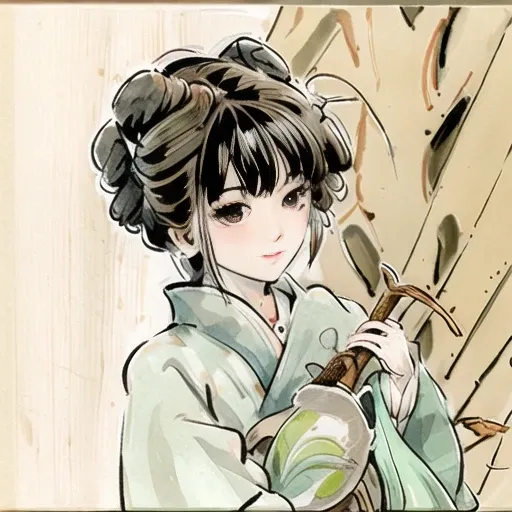 shukezouma, negative space, , shuimobysim , <lora:shuV2:0.8>, portrait of a woman standing , willow branches, (masterpiece, best quality:1.2), traditional chinese ink painting, <lora:shuimobysimV3:0.7>, modelshoot style, peaceful, (smile), looking at viewer, wearing long hanfu, hanfu, song, willow tree in background, wuchangshuo, <lora:Moxin_10:1> <hypernet:Toru8pWavenChibi_wavenchibiV10b:1>