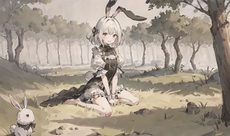 ((masterpiece,best quality)),1girl, solo, animal ears, rabbit, barefoot, knees up, dress, sitting, rabbit ears, short sleeves, looking at viewer, grass, short hair, smile, white hair, puffy sleeves, outdoors, puffy short sleeves, bangs, on ground, full body, animal, white dress, sunlight, brown eyes, dappled sunlight, day, depth of field