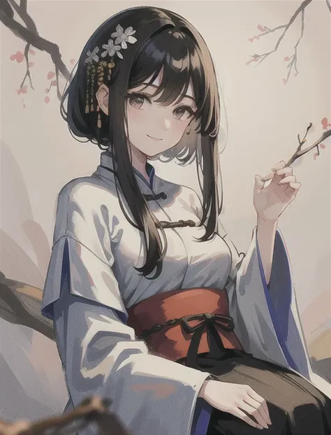 shukezouma, negative space, , shuimobysim , <lora:shuV2:0.8>, portrait of a woman standing , willow branches, (masterpiece, best quality:1.2), traditional chinese ink painting, <lora:shuimobysimV3:0.7>, modelshoot style, peaceful, (smile), looking at viewer, wearing long hanfu, hanfu, song, willow tree in background, wuchangshuo, <lora:Moxin_10:0.2>