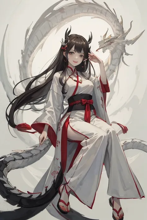negative space, shuimobysim, masterpiece, best quality:1.2), traditional chinese ink painting,
peaceful, (smile), looking at viewer, wearing long hanfu, white hanfu,
A white dragon with hudge dragon head, A chinese dragon surrounded,
<lora:Moxin_10:0.2>