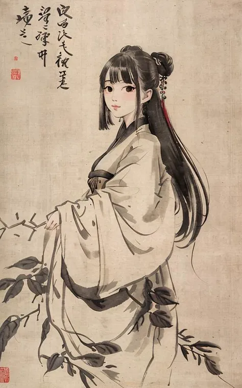 shukezouma, negative space, shuimobysim, portrait of a woman standing , willow branches, (masterpiece, best quality:1.2), traditional chinese ink painting, modelshoot style, peaceful, (smile), looking at viewer, wearing long hanfu, hanfu, song, willow tree in background, wuchangshuo,