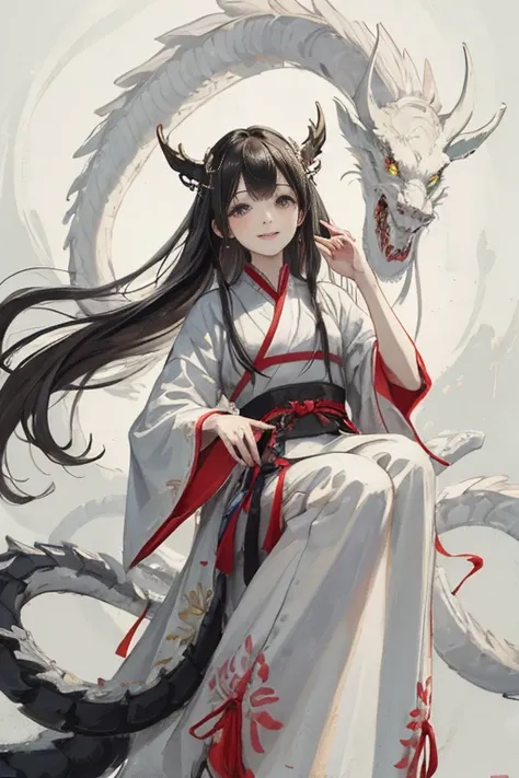 negative space, shuimobysim, masterpiece, best quality:1.2), traditional chinese ink painting,
peaceful, (smile), looking at viewer, wearing long hanfu, white hanfu,
A white dragon with hudge dragon head, A chinese dragon surrounded,
<lora:Moxin_10:0.2>