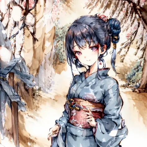 1girl, 8k, masterpiece, illustration,best quality,delicate details,
cowboy shot, blue hair, kimono, traditional Japanese makeup, light smile, mature, standing, hairpin, hairpin, hair bun,
peaceful garden background, (sakura blossoms), wooden sandals, fan, serene expression.