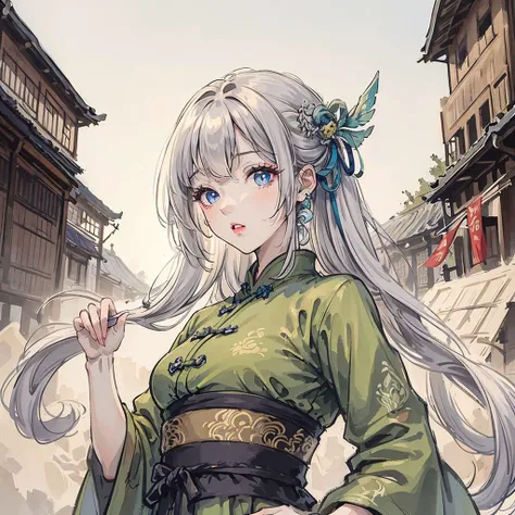 <lora:Moxin_10:0.35> <lora:Moxin_Shukezouma11:0.35> <lora:koreanDollLikeness_v10:0.3>
masterpiece, best quality, official art, 8k wallpaper, highly detailed, illustration,
1 girl, upper body, detailed eyes, blue eyes,
green gradient hanfu, intricate filigree, luxury dress, dynamic pose,
(iridescent colored long hair:1.1), (white hair:1.2), floating hair, (braided:0.8) gradient hair,
east asian architecture, chinese street, scenery, morning