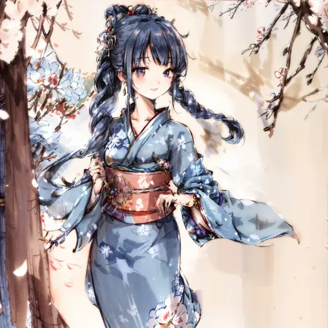 8k, masterpiece, illustration,best quality,delicate details,large breasts,
cowboy shot, blue hair, kimono, traditional Japanese makeup, light smile, mature, standing, hairpin, hairpin, hair bun,
peaceful garden background, (sakura blossoms), wooden sandals, fan, serene expression.