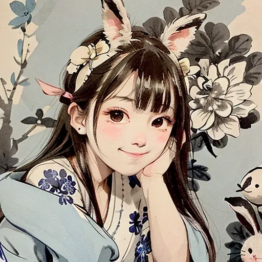 <lora:Moxin_10:0.45> ,<lora:Moxin_Shukezouma11:0.55>
<intricate details>, (masterpiece, best quality:1.2),
shukezouma, negative space, traditional Chinese ink painting,
a teenage girl wearing a light blue and white dress with bunny ear headband, with a flowered wall behind her,
peaceful, (smile), looking at viewer,