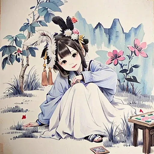 <lora:Moxin_10:0.45> ,<lora:Moxin_Shukezouma11:0.55>
<intricate details>, (masterpiece, best quality:1.2),
shukezouma, negative space, traditional Chinese ink painting,
a teenage girl in a light blue and white dress and a rabbit ear headband.
flowers and playing cards on the wall in the background,
peaceful, (smile), looking at viewer,