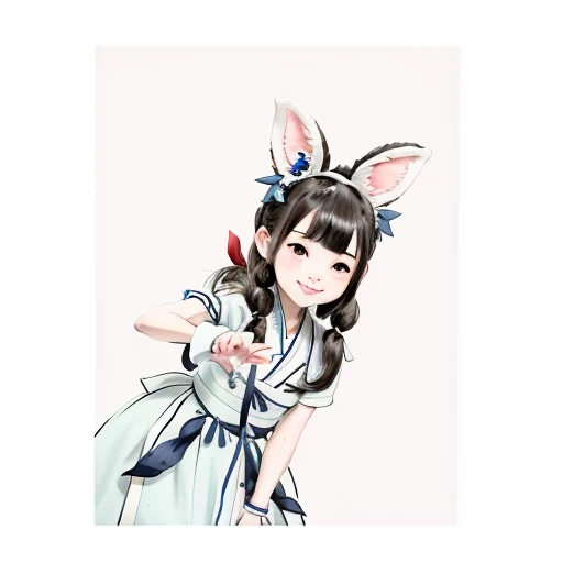 <lora:Moxin_10:0.45> ,<lora:Moxin_Shukezouma11:0.55>
<intricate details>, (masterpiece, best quality:1.2),
shukezouma, negative space, traditional Chinese ink painting,
a young girl in a light blue and white dress, wearing a bunny ear headband, she is smiling and point her right index finger at the camera,
peaceful, (smile), looking at viewer,