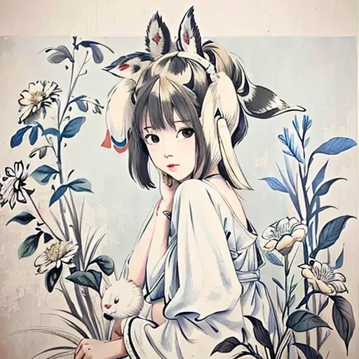 <lora:Moxin_10:0.45> ,<lora:Moxin_Shukezouma11:0.55>
<intricate details>, (masterpiece, best quality:1.2),
shukezouma, negative space, traditional Chinese ink painting,
a teenage girl in a light blue and white dress and a rabbit ear headband.
flowers and playing cards on the wall in the background,
peaceful, (smile), looking at viewer,
