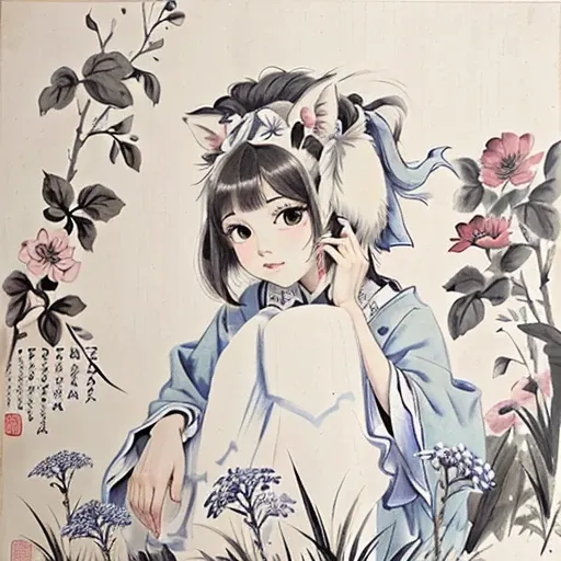 <lora:Moxin_10:0.45> ,<lora:Moxin_Shukezouma11:0.55>
<intricate details>, (masterpiece, best quality:1.2),
shukezouma, negative space, traditional Chinese ink painting,
a standing teenage girl in a light blue and white dress and a rabbit ear headband.
flowers and playing cards on the wall in the background,
peaceful, (smile), looking at viewer,