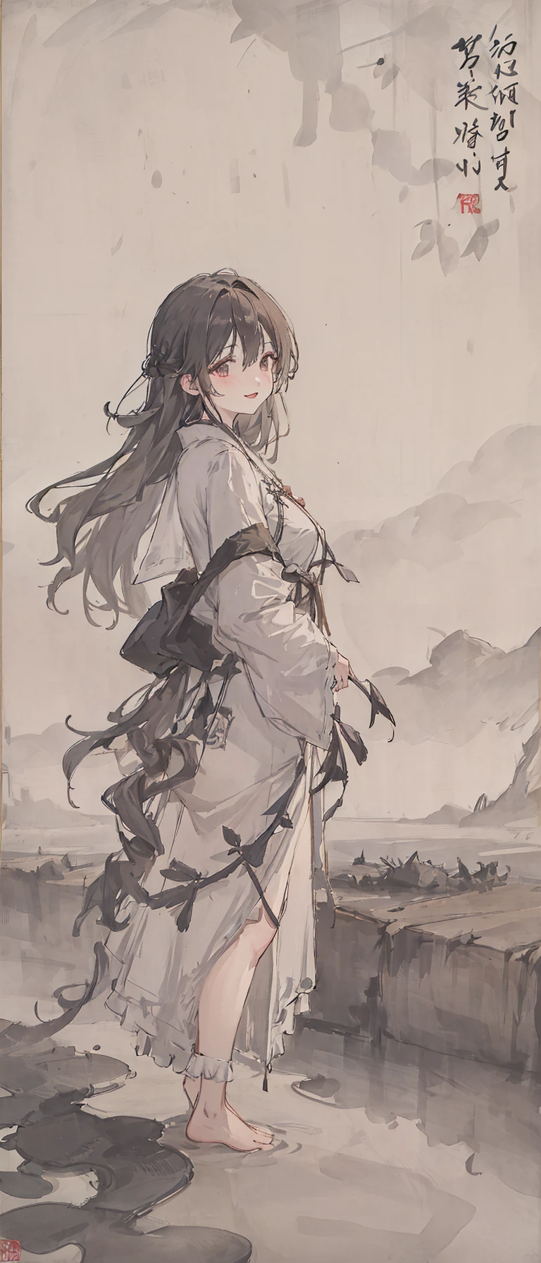 ((4k,masterpiece,best quality)), shuimobysim, traditional chinese ink painting, lotus,  hanfu, maxiskit, dress conservatively
1girl, solo, long blue hair, smile, standing, feet in the water, barefoot,
 <lora:Moxin_Shukezouma11:0.7> <lora:Moxin_10:0.3> <lora:chilloutmixss_xss10:0.5> <lora:firekeeperLoraFrom_fierkeeper16:0.8>