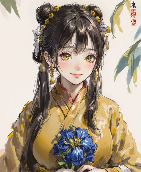 (ultra high res,photorealistic,realistic,best quality,photo-realistic),
(high detailed skin,visible pores),(real person,photograph),
(((yellow hanfu,chinese style))),realistic,simple background,upper body,
(8k, raw photo, best quality, masterpiece),(1 girl),photon mapping, radiosity, physically-based rendering,automatic white balance,(((haunting smile,long hair))),watery eyes,
(blush|cute and playful|adorable|skinny|thick bangs|beauty|twintail|hair bun,),(looking at viewer),(irises and pupils are rounded,the pupil reflects the surroundings,eyes are not the same size),