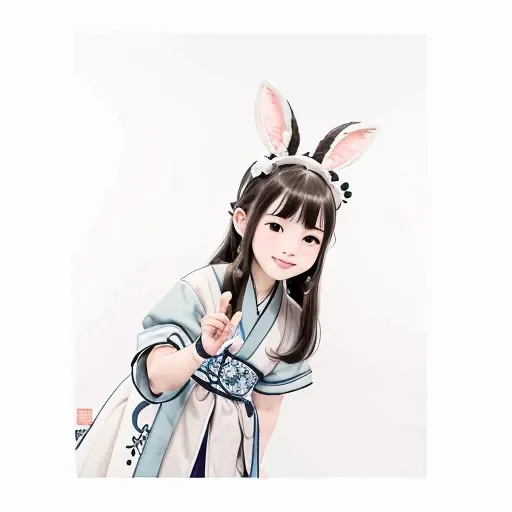 <lora:Moxin_10:0.45> ,<lora:Moxin_Shukezouma11:0.55>
<intricate details>, (masterpiece, best quality:1.2),
shukezouma, negative space, traditional Chinese ink painting,
a young girl in a light blue and white dress, wearing a bunny ear headband, she is smiling and point her right index finger at the camera,
peaceful, (smile), looking at viewer,