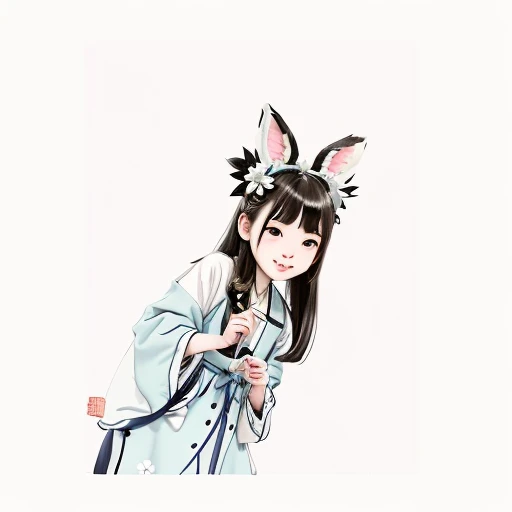 <lora:Moxin_10:0.45> ,<lora:Moxin_Shukezouma11:0.55>
<intricate details>, (masterpiece, best quality:1.2),
shukezouma, negative space, traditional Chinese ink painting,
a young girl in a light blue and white dress, wearing a bunny ear headband, she is smiling and point her right index finger at the camera,
peaceful, (smile), looking at viewer,