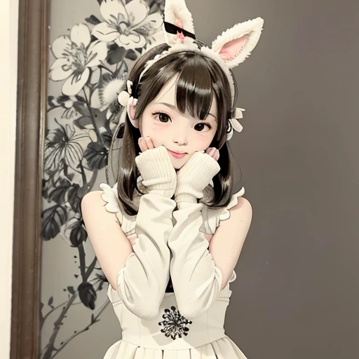 <lora:Moxin_10:0.45> ,<lora:Moxin_Shukezouma11:0.55>
<intricate details>, (masterpiece, best quality:1.2),
shukezouma, negative space, traditional Chinese ink painting,
a young girl wearing bunny ear headband and gloves posing for a picture in a white dress and white gloves with her hands on her cheeks,
peaceful, (smile), looking at viewer,