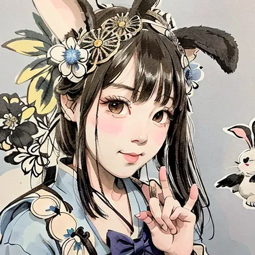 <lora:Moxin_10:0.45> ,<lora:Moxin_Shukezouma11:0.55>
<intricate details>, (masterpiece, best quality:1.2),
shukezouma, negative space, traditional Chinese ink painting,
a teenage girl wearing a light blue and white dress with bunny ear headband, with a flowered wall behind her,
peaceful, (smile), looking at viewer,