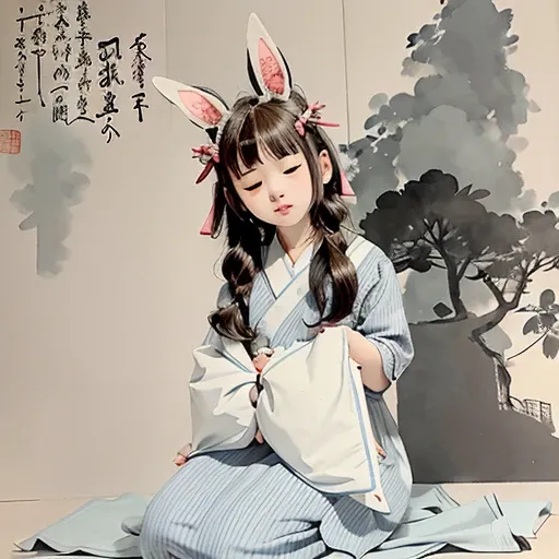<lora:Moxin_10:0.45> ,<lora:Moxin_Shukezouma11:0.55>
<intricate details>, (masterpiece, best quality:1.2),
shukezouma, negative space, traditional Chinese ink painting,
a teenage girl wearing a light blue and white dress with bunny ear headband,
camera looks downward to her face when she is looking upwards, and sitting in front of backdrop of cards,
peaceful, (smile), looking at viewer,