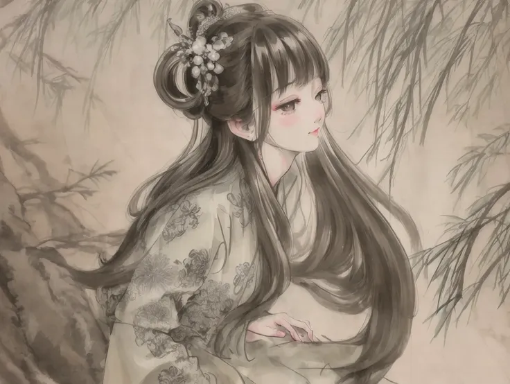 highly detailed,extremely detailed CG unity 8k wallpaper, masterpiece, illustration,  highres, absurdres, <lora:Moxin_10:0.85>, shuimobysim, wuchangshuo, bonian, zhenbanqiao, badashanren, traditional chinese ink painting, modelshoot style, peaceful, (smile), looking at viewer, wearing long hanfu, hanfu, song, willow tree in background, wuchangshuo,