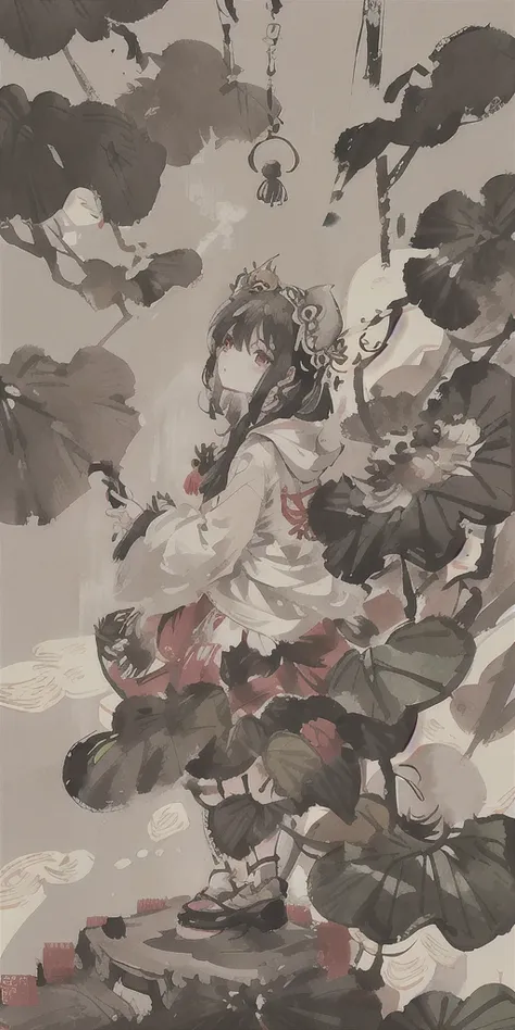 shukezouma, negative space, , shuimobysim , Lotus flower, lotus leaf, traditional chinese ink painting,girl