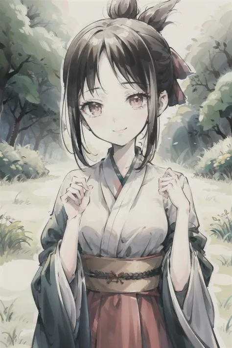(masterpiece),best quality,good anatomy, shuimobysim,(1 girl:1), (upper body),(smile),short hair,(hanfu),(ecchi0.5), (trees:0.5), (flowers:0.6) ,(wooden house:0.2),(bamboo forest:0.2),(creek:0.2),(river:0.2), Shinomiya Kaguya, Shinomiya Kaguya's Style, <lora:Moxin_10:0.7>, <lora:kaguyaSamaShinomiyaKaguya_shinomiyaKaguya:1>