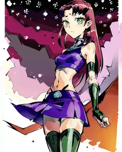 1girl, Starfire, cartoon, shuimobysim, midriff, navel, miniskirt, crop top, thighhighs, orange hair, green eyes <lora:starfireTeenTitans_v1:0.9><lora:Moxin_10:0.7>