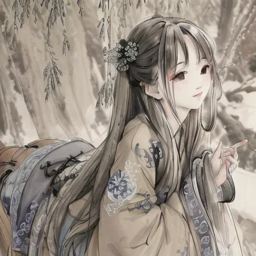 highly detailed,extremely detailed CG unity 8k wallpaper, masterpiece, illustration,  highres, absurdres, <lora:Moxin_10:0.85>, shuimobysim, wuchangshuo, bonian, zhenbanqiao, badashanren, traditional chinese ink painting, modelshoot style, peaceful, (smile), looking at viewer, wearing long hanfu, hanfu, song, willow tree in background, wuchangshuo,