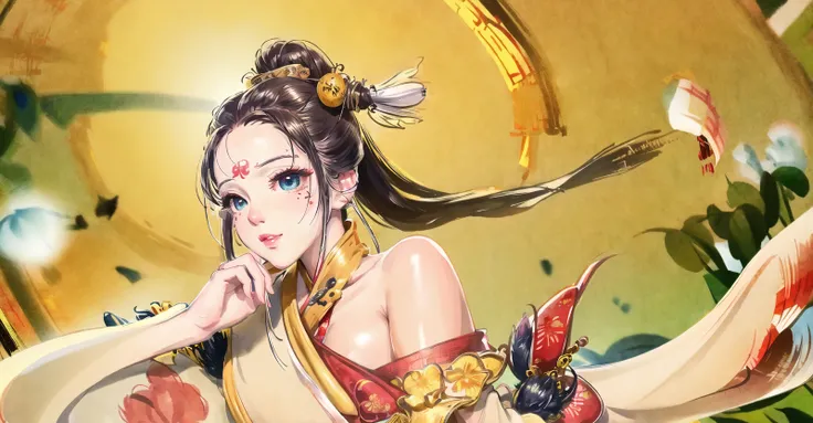(ultra high res,photorealistic,realistic,best quality,photo-realistic), (high detailed skin,visible pores),(real person,photograph), (((yellow hanfu,chinese style))),realistic,simple background,upper body, (8k, raw photo, best quality, masterpiece),(1 girl),photon mapping, radiosity, physically-based rendering,automatic white balance,(((haunting smile,long hair))),watery eyes, (blush|cute and playful|adorable|skinny|thick bangs|beauty|twintail|hair bun,),(looking at viewer),(irises and pupils are rounded,the pupil reflects the surroundings,eyes are not the same size),